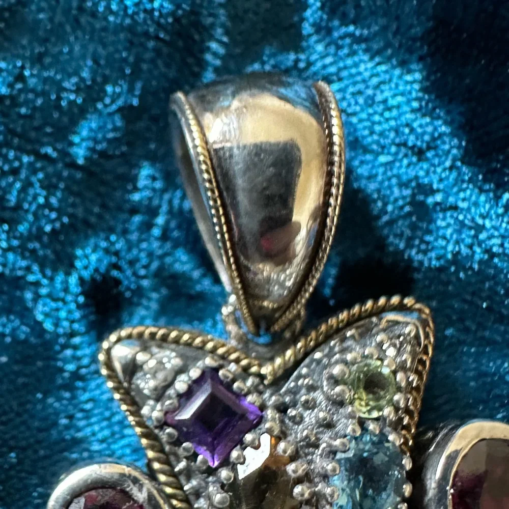 EFFY Sterling Silver and 18k Yellow Gold Multi Gemstone & Diamond Cross Pendant - Picture 2 of 12